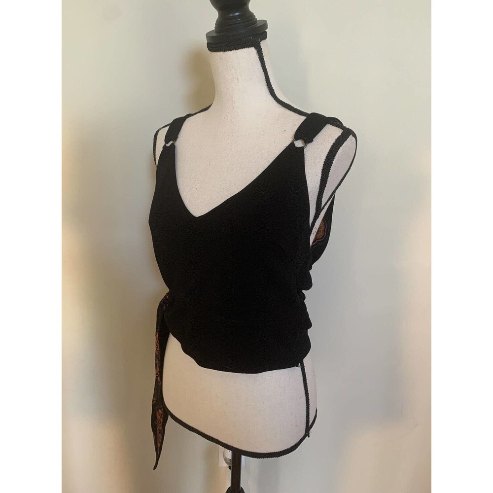 Free People M Paisley Pop Cropped Top Black Sleeveless Side Tie Vneck Tank New - Picture 9 of 14